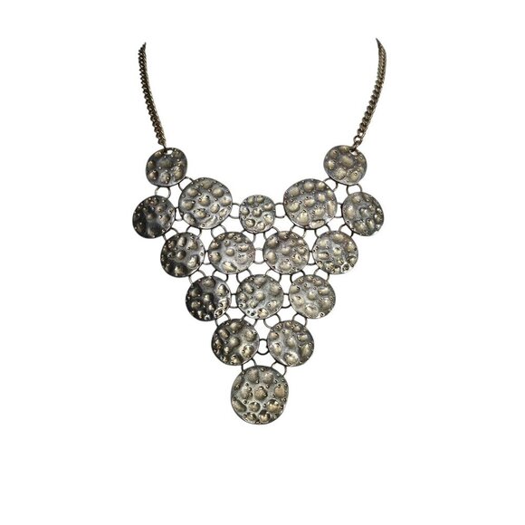 Vintage Gold Silver Tone Textured Multi Disk Cascading Statement Bib Necklace - Picture 3 of 6